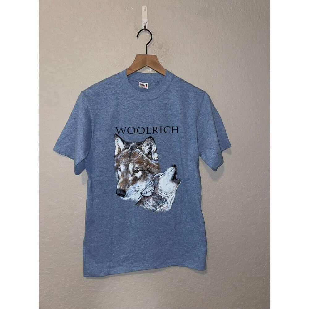 Vintage Wolf Shirt Graphic Anvil Woolrich Animal Graphic Blue Tee Small